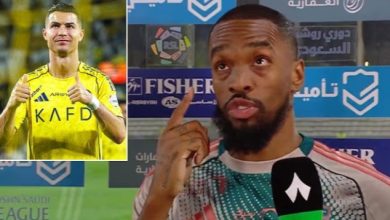 left: Cristiano Ronaldo, right: Alex Iwobi Ronaldo is shown in an Al Nassr kit, Iwobi giving a post-match interview.