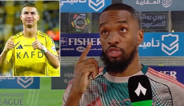 left: Cristiano Ronaldo, right: Alex Iwobi Ronaldo is shown in an Al Nassr kit, Iwobi giving a post-match interview.