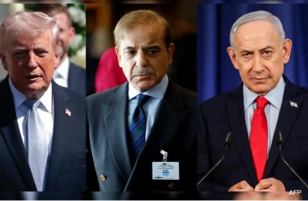 Left Donald Trump middle: Shehbaz Sharif right: Benjamin Netanyahu