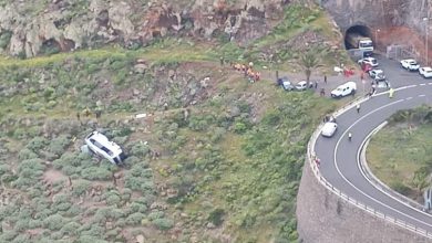 An aerial view shows the crash site where a tourist bus went off the road in Spain's Canary Islands.