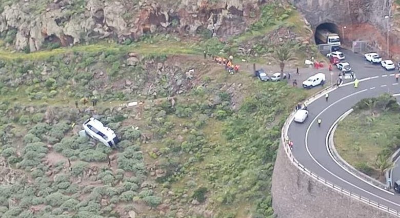 An aerial view shows the crash site where a tourist bus went off the road in Spain's Canary Islands.