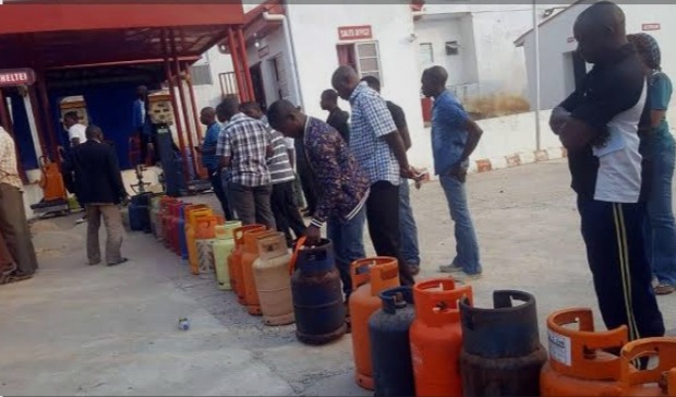 Waiting to fill up gas cylinders.