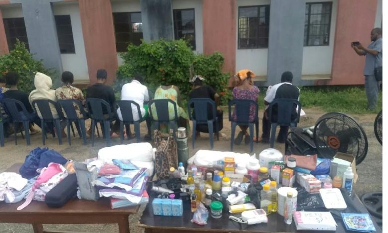 Some of the women involved and the items recovered. (Photo credit: punch newspaper)