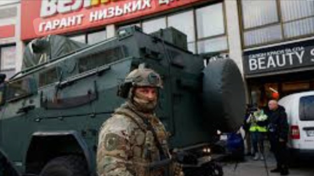 Holosiivskyi district security Forces controlling the crime scene.