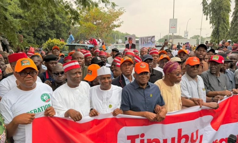 Atiku, Obi, David Mark, Amaechi lead ADC's 'Occupy INEC' protest in Abuja