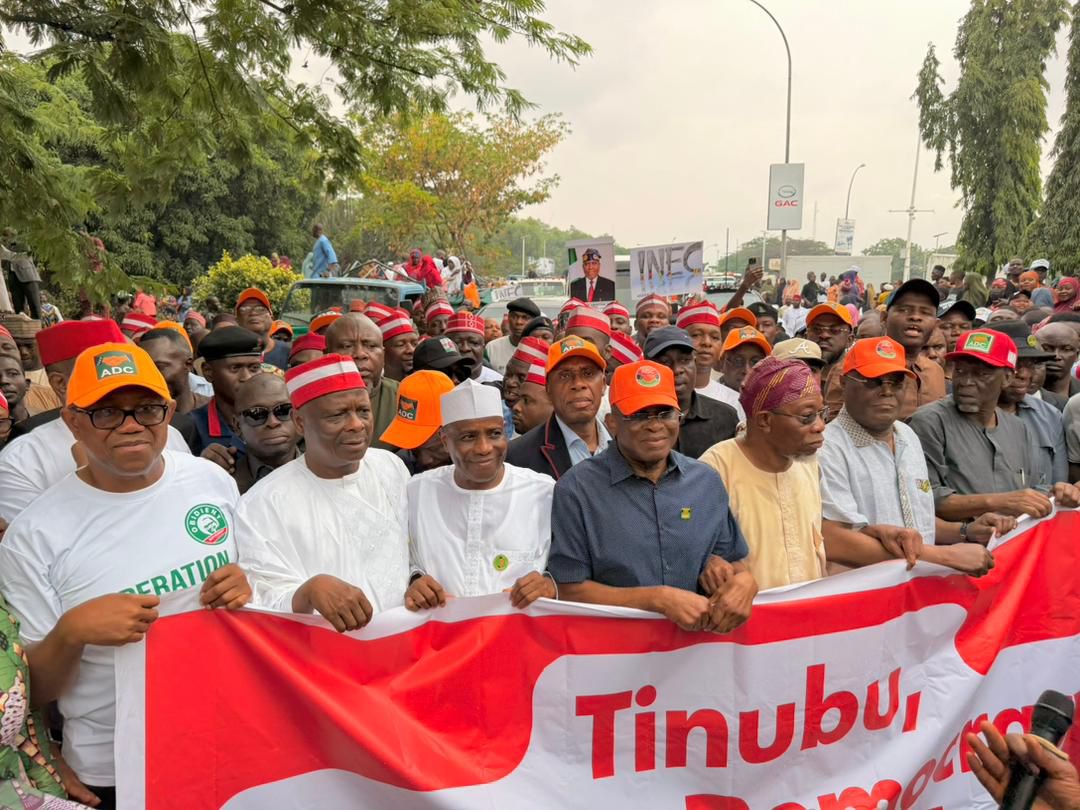 Atiku, Obi, David Mark, Amaechi lead ADC's 'Occupy INEC' protest in Abuja