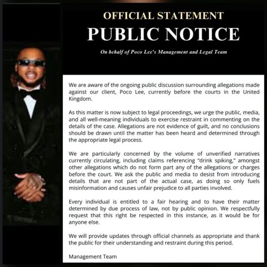 Poco Lee’s Team Speak On Rape Allegations