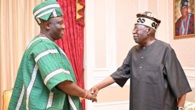 Alaafin of Oyo, Oba Abimbola Akeem Owoade I with President Bola Ahmed Tinubu at his private residence in Bourdillon Ikoyi, Lagos