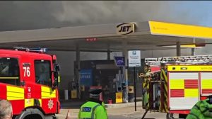 A big fire is going on Leagrave High Street behind the Jet filling statio