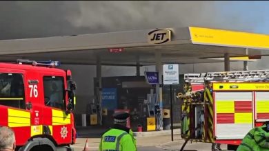 A big fire is going on Leagrave High Street behind the Jet filling statio